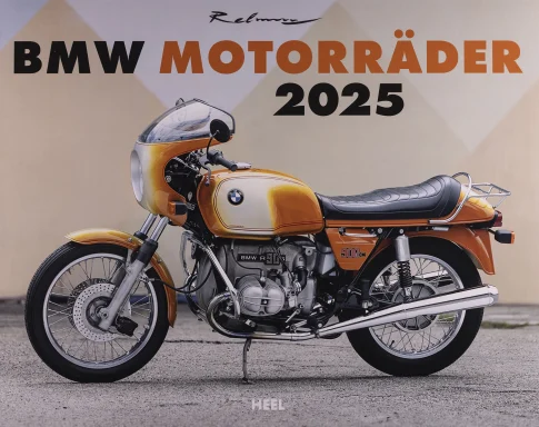 Titelblatt des Kalenders „BMW Motorräder 2025“ mit klassischer BMW R 90 S in Daytona-Orange.