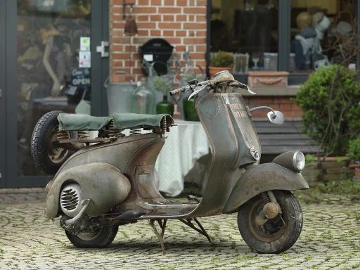 Historische Vespa Faro Basso mit originaler Patina auf Kopfsteinpflaster.
