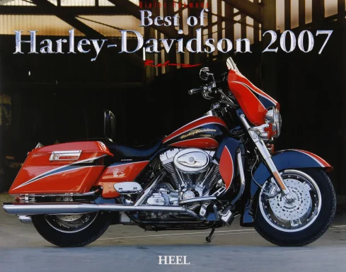 Harley-Davidson CVO Screamin' Eagle Electra Glide in Rot-Schwarz vor einer Industriehalle.Harley Kalender 2007
